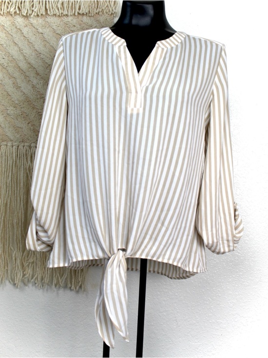 Chico's Tops - Chico's Size 0 Striped Long Sleeve Front
Tie Blouse Tan, white chifon